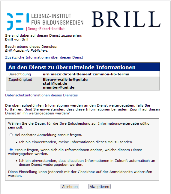 20230301_Brill_Beschreibung_des_Dienstes_uebermittelte_Informationen Screenshot mit einer Beschreibung der Informationen, die an den Anbieter eines Webdienstes im Rahmen des Shibboleth-Verfahrens übermittelt werden.